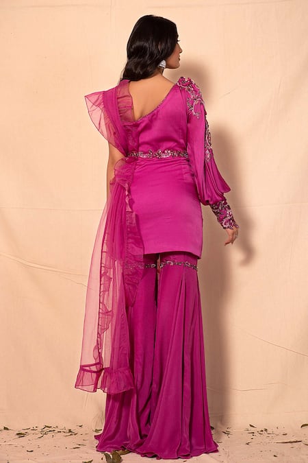 Shop Dheeru Taneja Pink Organza, Net, Crepe One Shoulder Embroidered Kurta Set at Aza Fashions Shop_Dheeru Taneja_Pink Organza, Net, Crepe One Shoulder Embroidered Kurta Set _at_Aza_Fashions