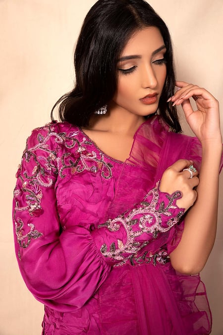 Dheeru Taneja Pink Organza, Net, Crepe One Shoulder Embroidered Kurta Set Online at Aza Fashions Dheeru Taneja_Pink Organza, Net, Crepe One Shoulder Embroidered Kurta Set _Online_at_Aza_Fashions