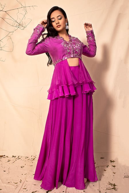 Dheeru Taneja Purple Organza, Crepe, Taffeta Silk V Embroidered Peplum Kurta And Sharara Set 