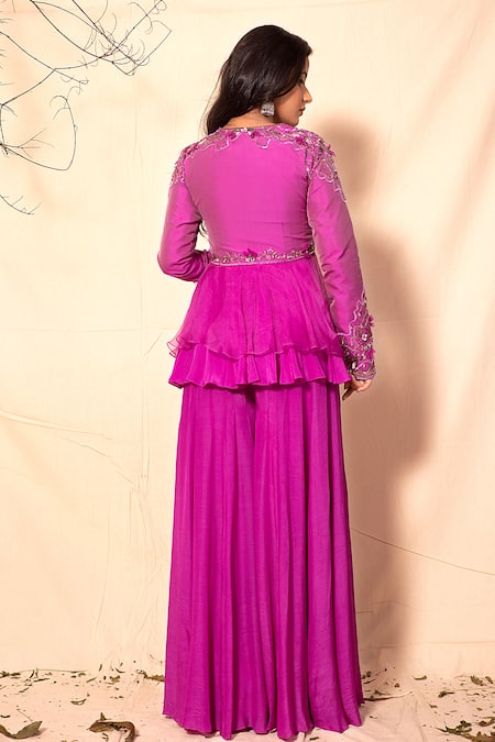 Shop Dheeru Taneja Purple Organza, Crepe, Taffeta Silk V Embroidered Peplum Kurta And Sharara Set at Aza Fashions Shop_Dheeru Taneja_Purple Organza, Crepe, Taffeta Silk V Embroidered Peplum Kurta And Sharara Set _at_Aza_Fashions