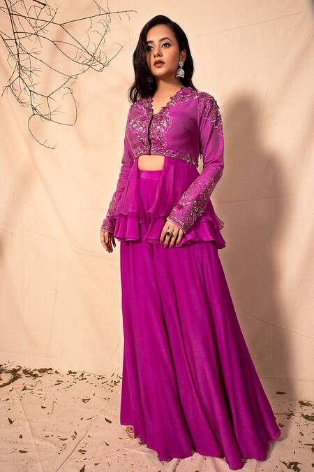 Dheeru Taneja Purple Organza, Crepe, Taffeta Silk V Embroidered Peplum Kurta And Sharara Set Online at Aza Fashions Dheeru Taneja_Purple Organza, Crepe, Taffeta Silk V Embroidered Peplum Kurta And Sharara Set _Online_at_Aza_Fashions