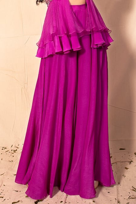 Shop Dheeru Taneja Purple Organza, Crepe, Taffeta Silk V Embroidered Peplum Kurta And Sharara Set Online at Aza Fashions Shop_Dheeru Taneja_Purple Organza, Crepe, Taffeta Silk V Embroidered Peplum Kurta And Sharara Set _Online_at_Aza_Fashions