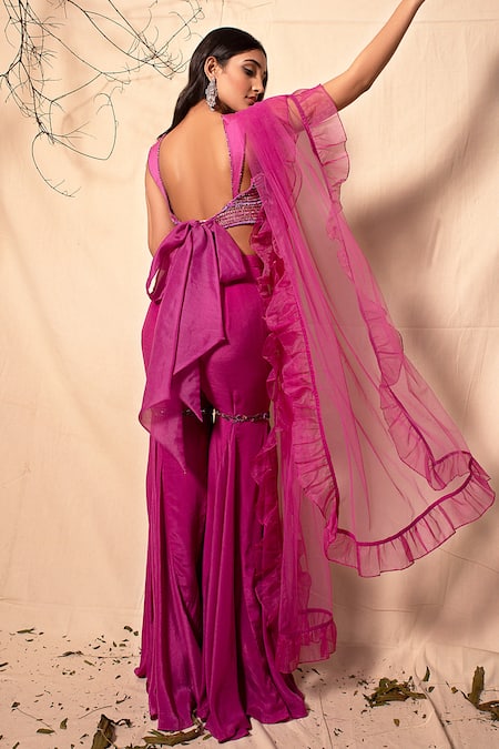 Shop Dheeru Taneja Purple Organza, Net, Chanderi, Crepe V Neck Embroidered Sharara Set at Aza Fashions Shop_Dheeru Taneja_Purple Organza, Net, Chanderi, Crepe V Neck Embroidered Sharara Set _at_Aza_Fashions