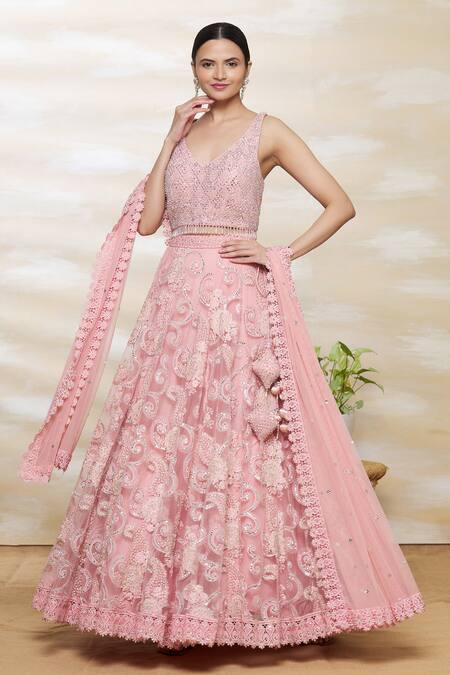 Vandana Sethi Pink Net, Chikankari V Neck Embroidered Lehenga Set