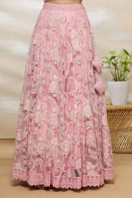Shop_Vandana Sethi_Pink Net, Chikankari V Neck Embroidered Lehenga Set_Online_at_Aza_Fashions