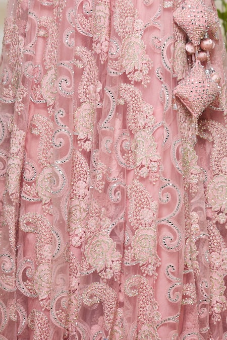 Vandana Sethi_Pink Net, Chikankari V Neck Embroidered Lehenga Set_at_Aza_Fashions