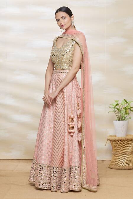 Vandana Sethi Pink Chanderi Silk V Neck Embroidered Bridal Lehenga Set Online at Aza Fashions Vandana Sethi_Pink Chanderi Silk V Neck Embroidered Bridal Lehenga Set_Online_at_Aza_Fashions