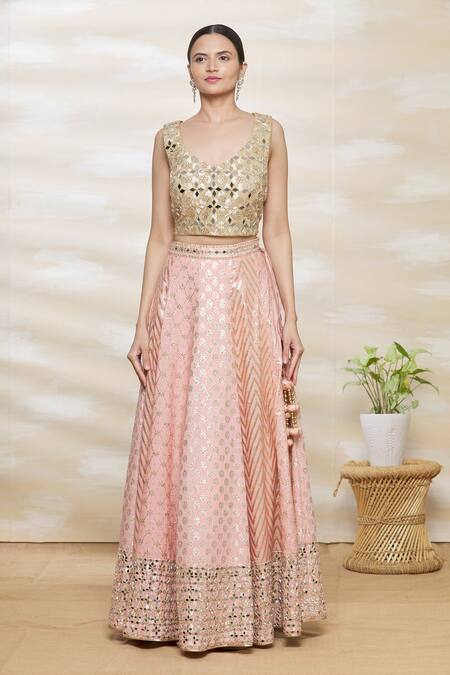 Buy Vandana Sethi Pink Chanderi Silk V Neck Embroidered Bridal Lehenga Set Online at Aza Fashions Buy_Vandana Sethi_Pink Chanderi Silk V Neck Embroidered Bridal Lehenga Set_Online_at_Aza_Fashions