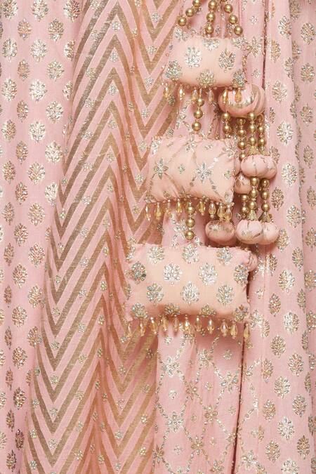 Vandana Sethi Pink Chanderi Silk V Neck Embroidered Bridal Lehenga Set at Aza Fashions Vandana Sethi_Pink Chanderi Silk V Neck Embroidered Bridal Lehenga Set_at_Aza_Fashions