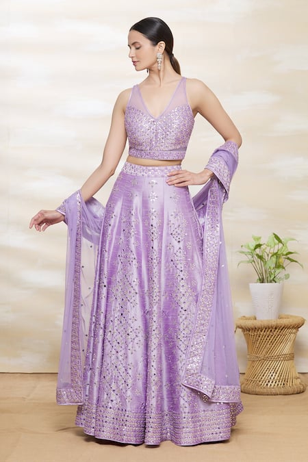 Vandana Sethi_Purple Dupion Silk V Neck Embroidered Bridal Lehenga Set_Online_at_Aza_Fashions