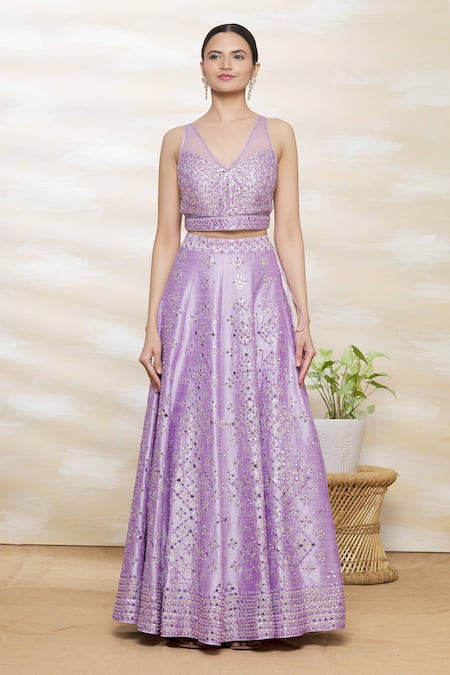 Buy_Vandana Sethi_Purple Dupion Silk V Neck Embroidered Bridal Lehenga Set_Online_at_Aza_Fashions