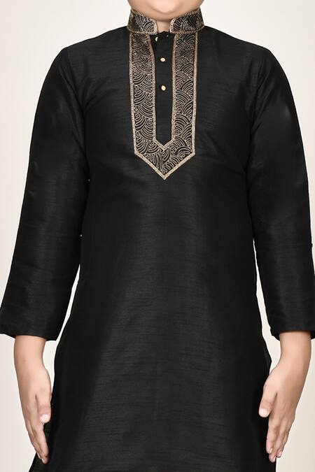 Petite Pomme_Black Silk Embroidery Kurta And Churidar Set _at_Aza_Fashions
