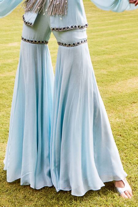 Shop_Label Sanya Gulati_Blue Georgette V Neck Peplum Kurta And Sharara Set_Online_at_Aza_Fashions