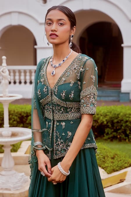 Label Sanya Gulati Green V Neck Embroidered Peplum Kurta And Lehenga Set Online at Aza Fashions Label Sanya Gulati_Green V Neck Embroidered Peplum Kurta And Lehenga Set_Online_at_Aza_Fashions
