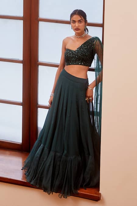 Shop_Label Sanya Gulati_Green One Shoulder Draped Blouse And Lehenga Set _at_Aza_Fashions