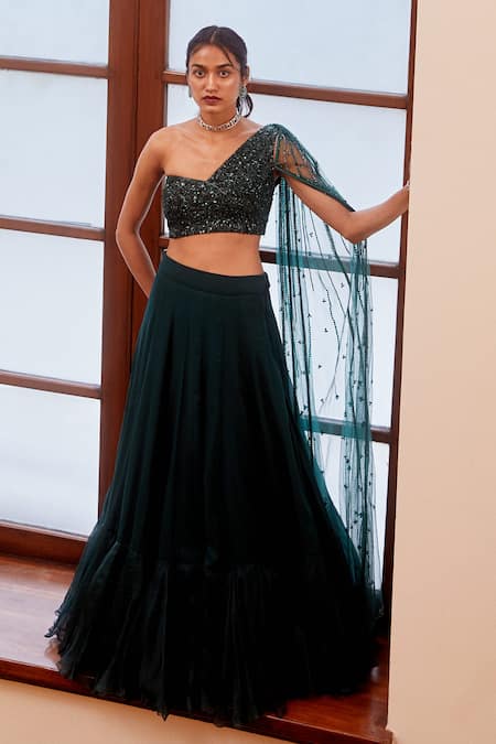 Label Sanya Gulati Green Embroidery One Shoulder Draped Blouse And Lehenga Set