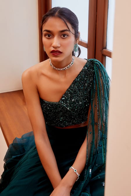 Buy_Label Sanya Gulati_Green One Shoulder Draped Blouse And Lehenga Set _Online_at_Aza_Fashions