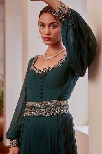 Label Sanya Gulati_Green Round Balloon Sleeve Jumpsuit_Online_at_Aza_Fashions