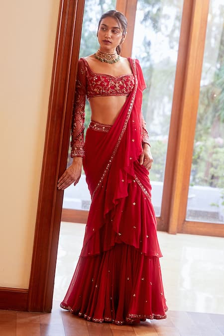Buy Label Sanya Gulati Pink Georgette Sweetheart Neck Embroidered Pre-draped Saree With Blouse Online at Aza Fashions Buy_Label Sanya Gulati_Pink Georgette Sweetheart Neck Embroidered Pre-draped Saree With Blouse _Online_at_Aza_Fashions