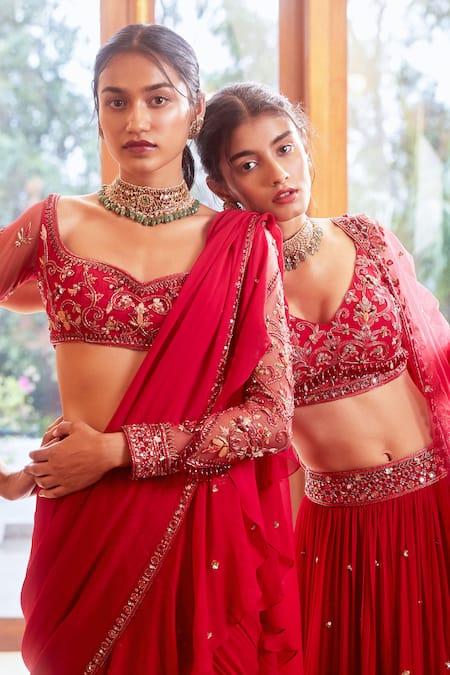 Shop Label Sanya Gulati Pink Georgette Sweetheart Neck Embroidered Pre-draped Saree With Blouse Online at Aza Fashions Shop_Label Sanya Gulati_Pink Georgette Sweetheart Neck Embroidered Pre-draped Saree With Blouse _Online_at_Aza_Fashions