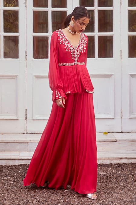 Label Sanya Gulati Pink V Neck Embroidered Peplum Kurta And Palazzo Set