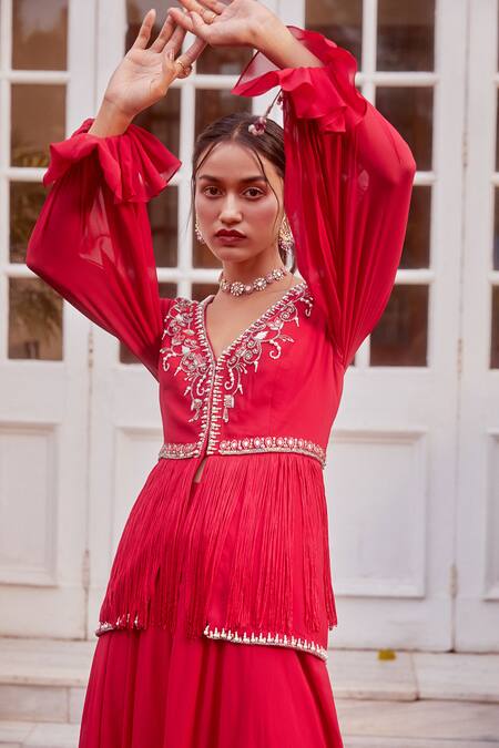 Label Sanya Gulati_Pink V Neck Embroidered Peplum Kurta And Palazzo Set _Online_at_Aza_Fashions