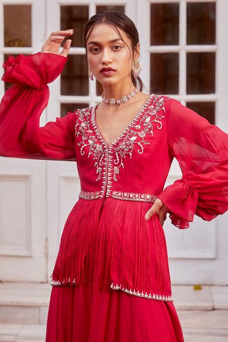 Buy_Label Sanya Gulati_Pink V Neck Embroidered Peplum Kurta And Palazzo Set _Online_at_Aza_Fashions