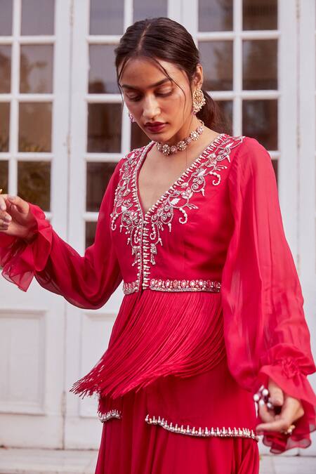 Shop_Label Sanya Gulati_Pink V Neck Embroidered Peplum Kurta And Palazzo Set _Online_at_Aza_Fashions