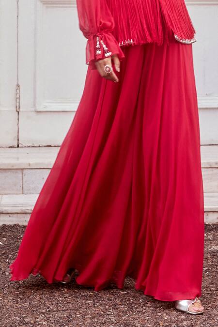 Label Sanya Gulati_Pink V Neck Embroidered Peplum Kurta And Palazzo Set _at_Aza_Fashions