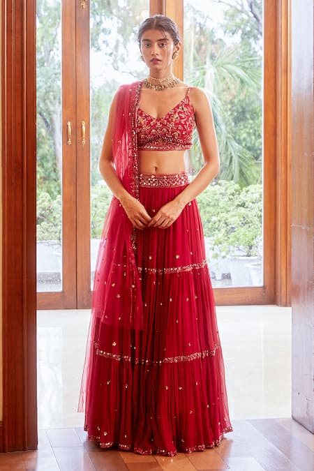Label Sanya Gulati_Pink Sweetheart Neck Embroidered Bridal Lehenga Set _Online_at_Aza_Fashions