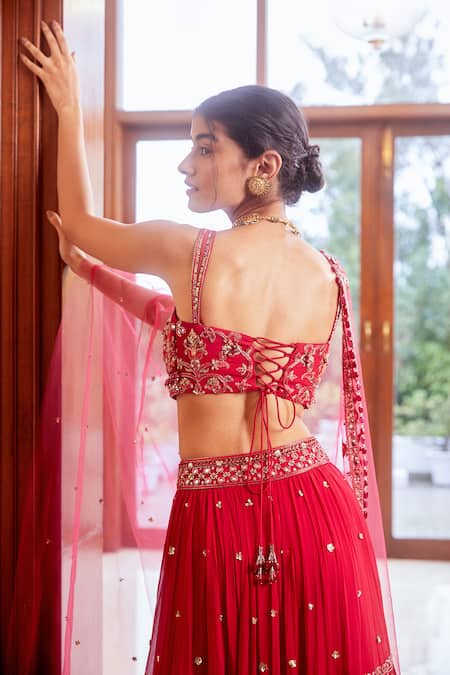 Label Sanya Gulati_Pink Sweetheart Neck Embroidered Bridal Lehenga Set _at_Aza_Fashions