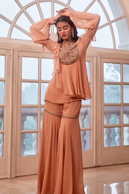 Label Sanya Gulati Peach Round Embroidered Top And Sharara Set Online at Aza Fashions Label Sanya Gulati_Peach Round Embroidered Top And Sharara Set _Online_at_Aza_Fashions