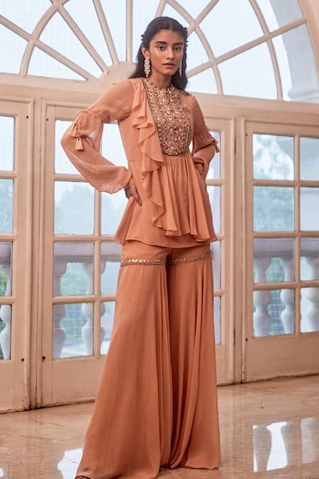 Label Sanya Gulati Peach Round Embroidered Top And Sharara Set