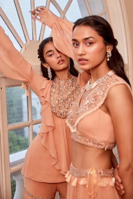 Buy Label Sanya Gulati Peach Round Embroidered Top And Sharara Set Online at Aza Fashions Buy_Label Sanya Gulati_Peach Round Embroidered Top And Sharara Set _Online_at_Aza_Fashions