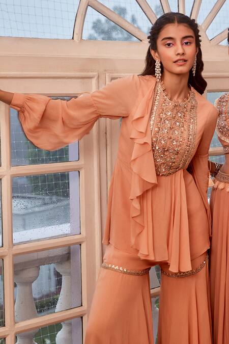 Shop Label Sanya Gulati Peach Round Embroidered Top And Sharara Set Online at Aza Fashions Shop_Label Sanya Gulati_Peach Round Embroidered Top And Sharara Set _Online_at_Aza_Fashions