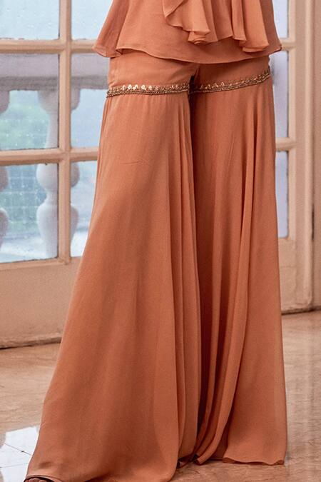 Label Sanya Gulati Peach Round Embroidered Top And Sharara Set at Aza Fashions Label Sanya Gulati_Peach Round Embroidered Top And Sharara Set _at_Aza_Fashions
