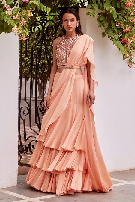 Label Sanya Gulati_Peach Round Pre-draped Ruffle Saree With Blouse _Online_at_Aza_Fashions