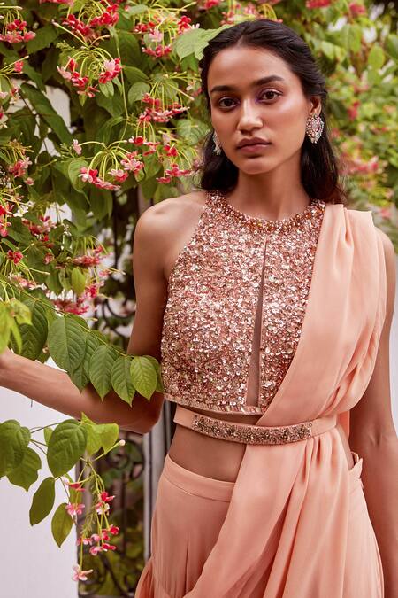 Buy_Label Sanya Gulati_Peach Round Pre-draped Ruffle Saree With Blouse _Online_at_Aza_Fashions