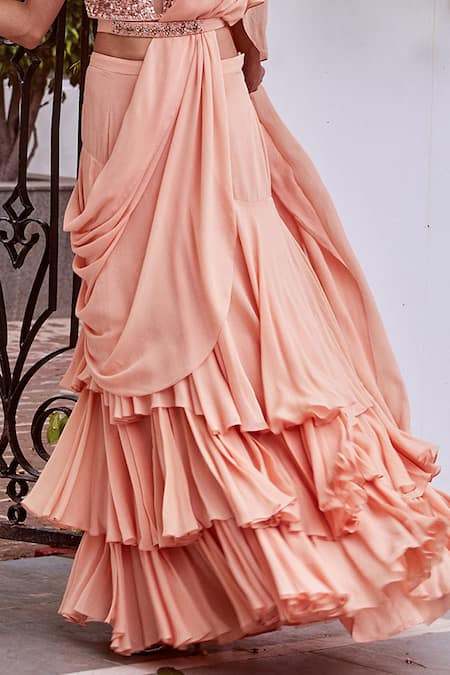 Shop_Label Sanya Gulati_Peach Round Pre-draped Ruffle Saree With Blouse _Online_at_Aza_Fashions
