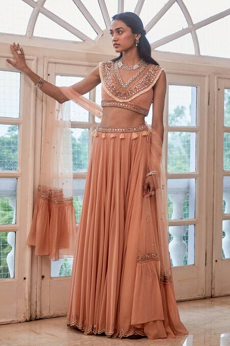 Label Sanya Gulati_Peach V Neck Embroidered Blouse And Lehenga Set _Online_at_Aza_Fashions