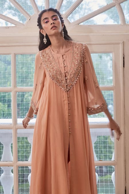 Label Sanya Gulati_Peach Round Asymmetric Kurta And Pant Set _Online_at_Aza_Fashions