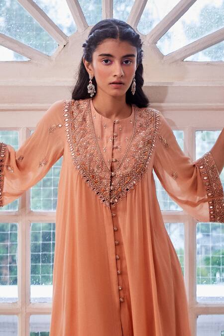 Buy_Label Sanya Gulati_Peach Round Asymmetric Kurta And Pant Set _Online_at_Aza_Fashions