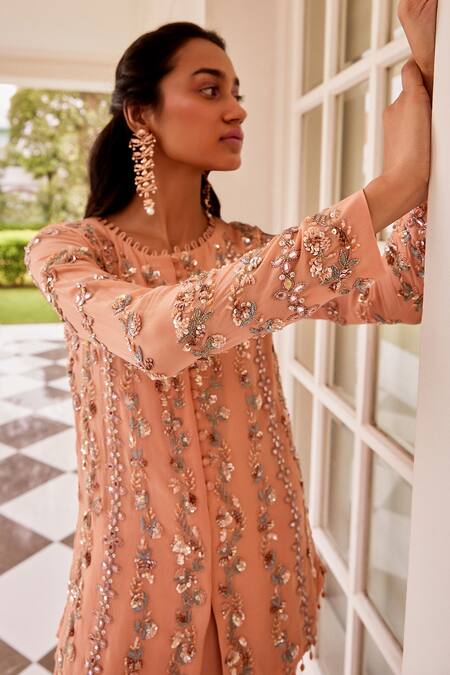 Label Sanya Gulati_Peach Round Embroidered Kurta Set _Online_at_Aza_Fashions