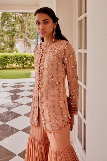 Buy_Label Sanya Gulati_Peach Round Embroidered Kurta Set _Online_at_Aza_Fashions