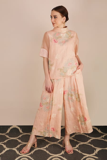 Arcvsh By Pallavi Singh Peach Organza, Linen, Bamberg High Printed Top And Culottes Set 