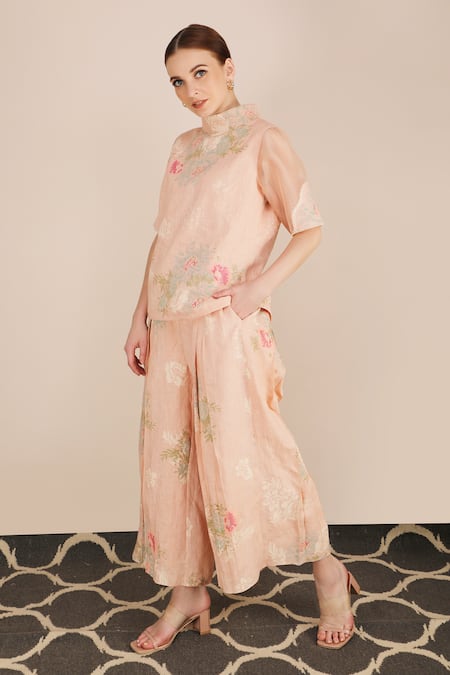 Buy_Arcvsh By Pallavi Singh_Peach Organza, Linen, Bamberg High Printed Top And Culottes Set _Online_at_Aza_Fashions