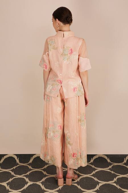 Shop_Arcvsh By Pallavi Singh_Peach Organza, Linen, Bamberg High Printed Top And Culottes Set _Online_at_Aza_Fashions