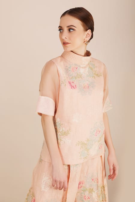 Arcvsh By Pallavi Singh_Peach Organza, Linen, Bamberg High Printed Top And Culottes Set _at_Aza_Fashions