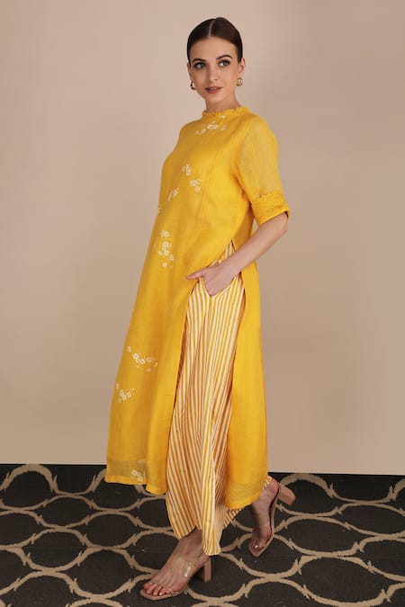 Shop_Arcvsh By Pallavi Singh_Yellow Linen Round Printed Tunic _Online_at_Aza_Fashions