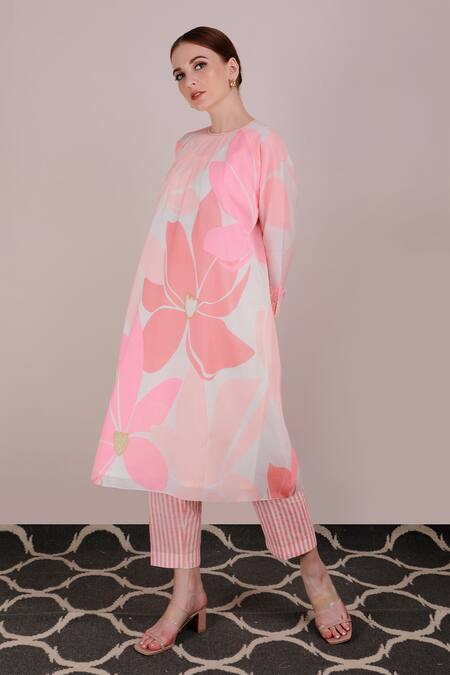 Buy_Arcvsh By Pallavi Singh_Pink Chanderi Round Floral Print Tunic _Online_at_Aza_Fashions